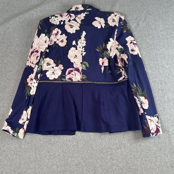 IMAN Navy Floral Peplum Zip Jacket Blazer M Global Chick Ponte Convertible - Picture 8 of 13